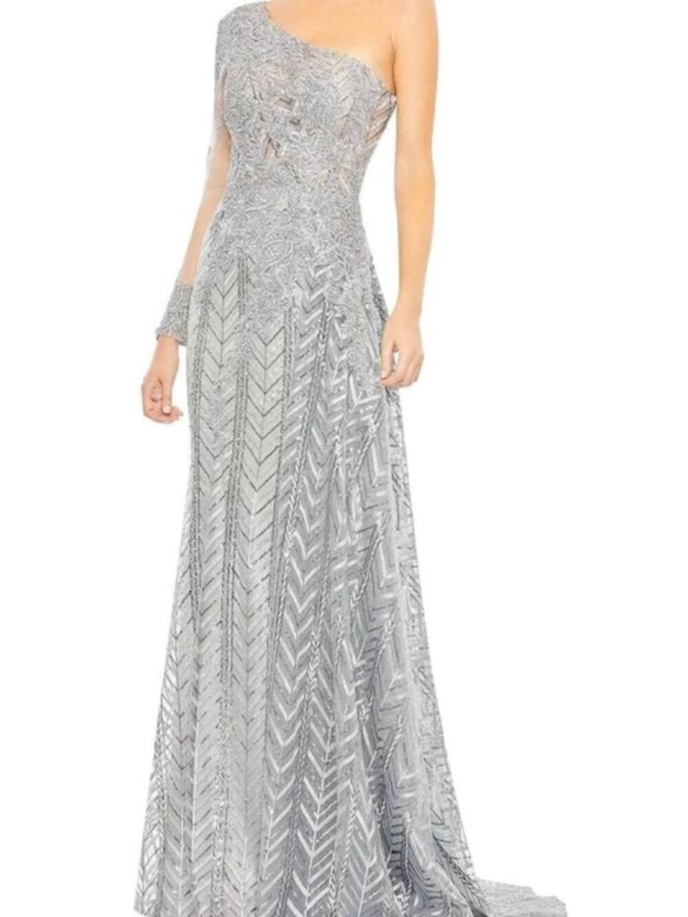 Mac Duggal Silver Embellished Embroidered Long Sleeve One shoulder Gown
